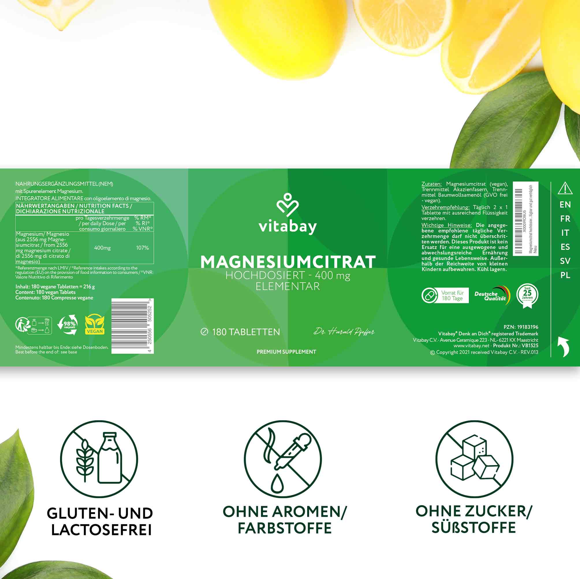 Magnesiumcitrat 400 mg - 180 vegane Tabletten