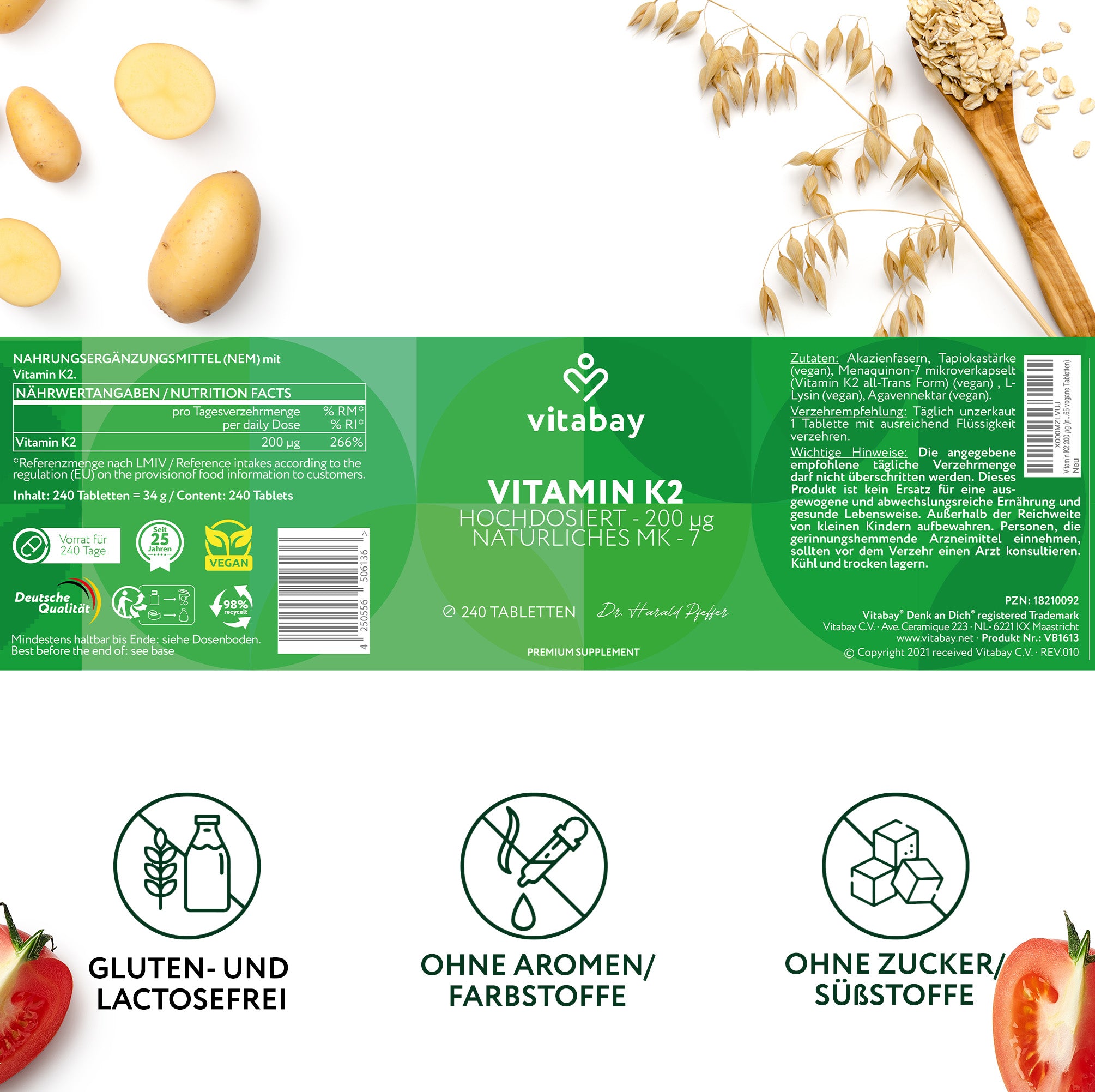 Vitamin K2 MK-7 200 µg - Vegane Tabletten