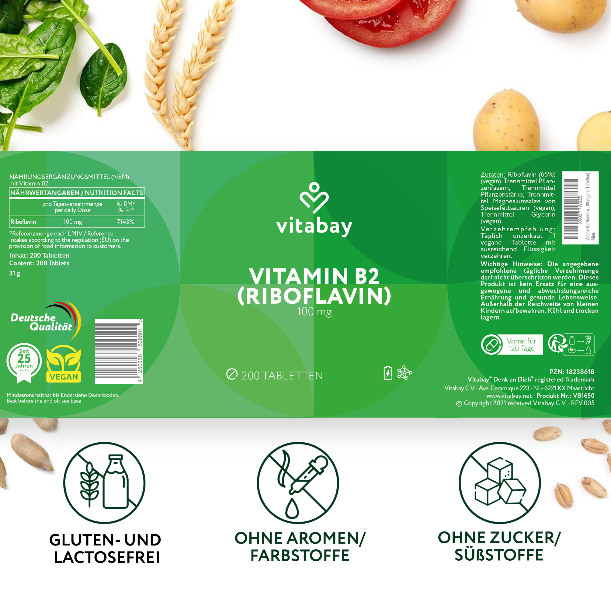 Vitamin B2 Riboflavin 100 mg  - 200 vegane Tabletten