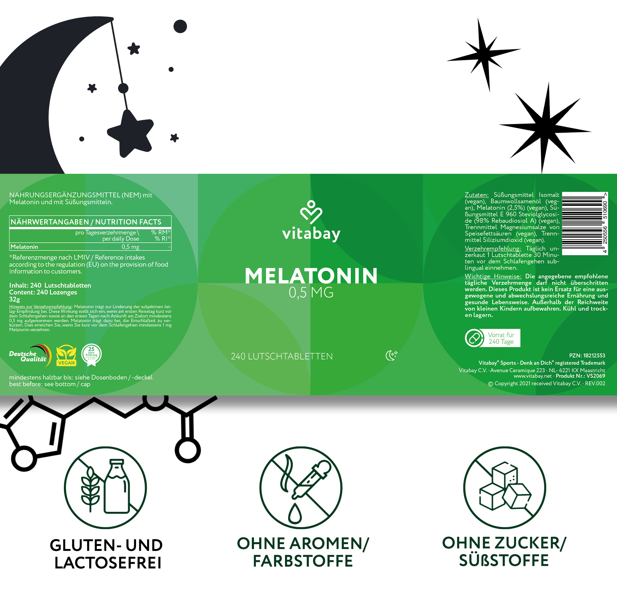 Melatonin 0,5mg - Vegane Lutschtabletten - Das Schlaf-Hormon!