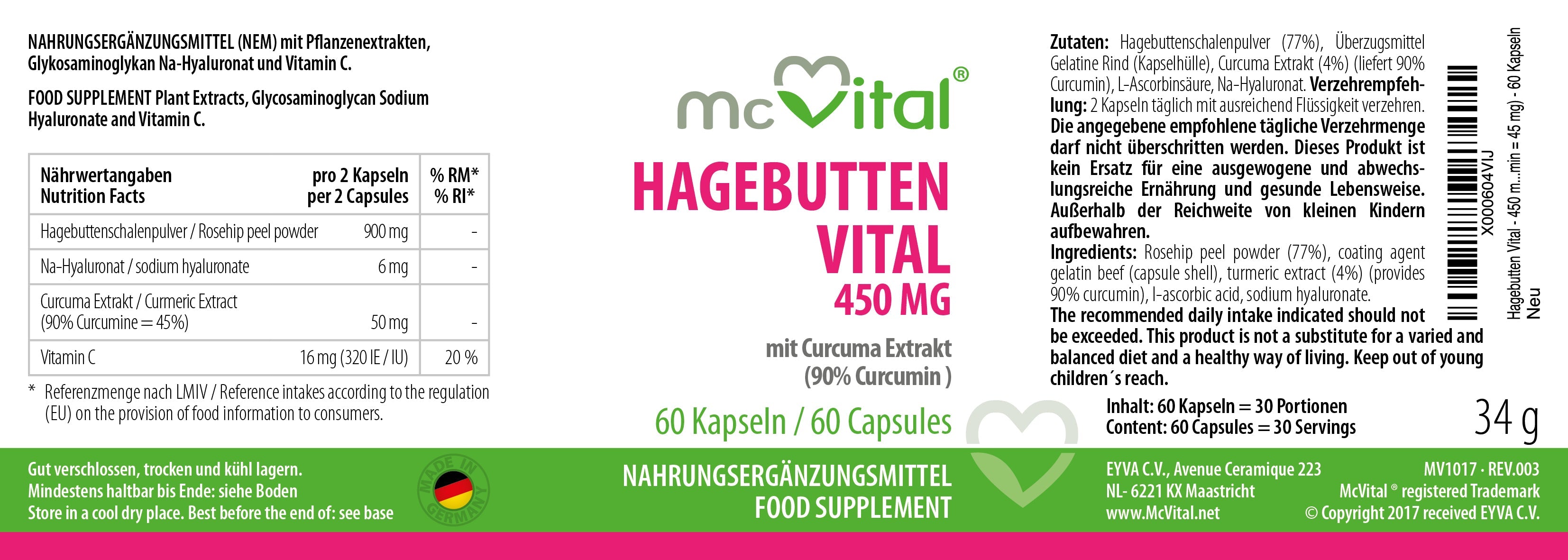 Hagebutten Vital 450mg mit Curcuma Extrakt - 60 Kapseln