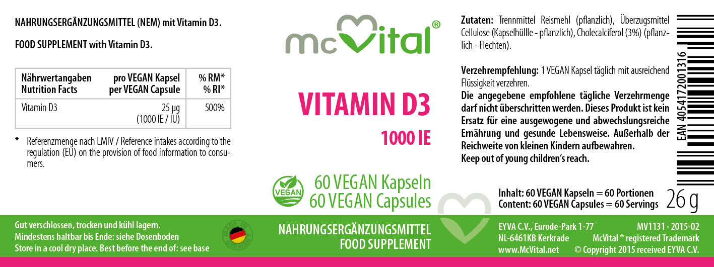 Vitamin D3 1000 I.E. - Vegane Kapseln