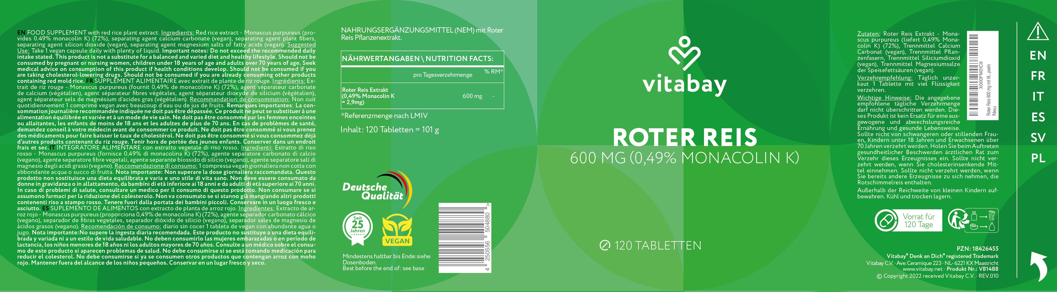 Roter Reis 600 mg mit Monacolin K  - 120 vegane Tabletten