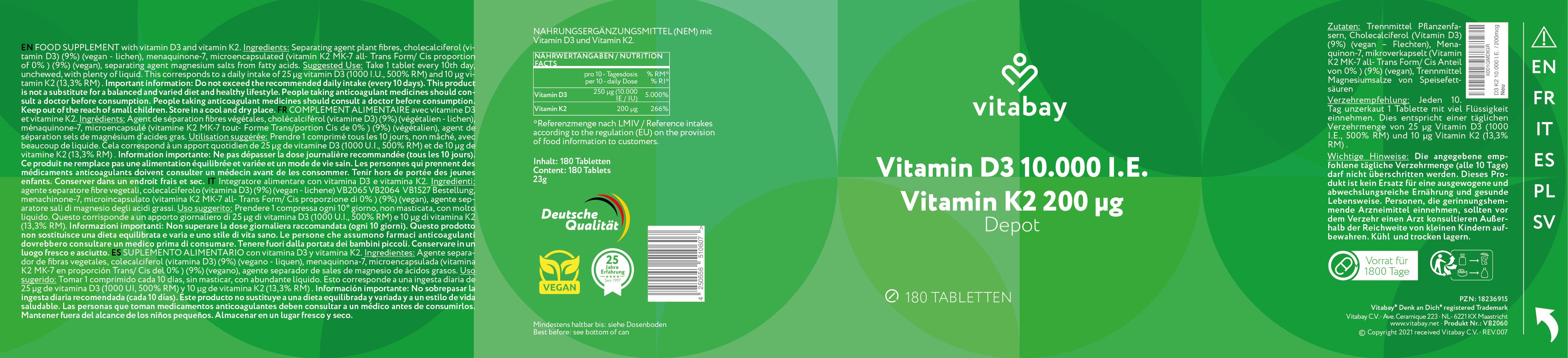 Vitamin D3 Depot 10.000 I.E. + Vitamin K2 200mcg  - 180 vegane Tabletten