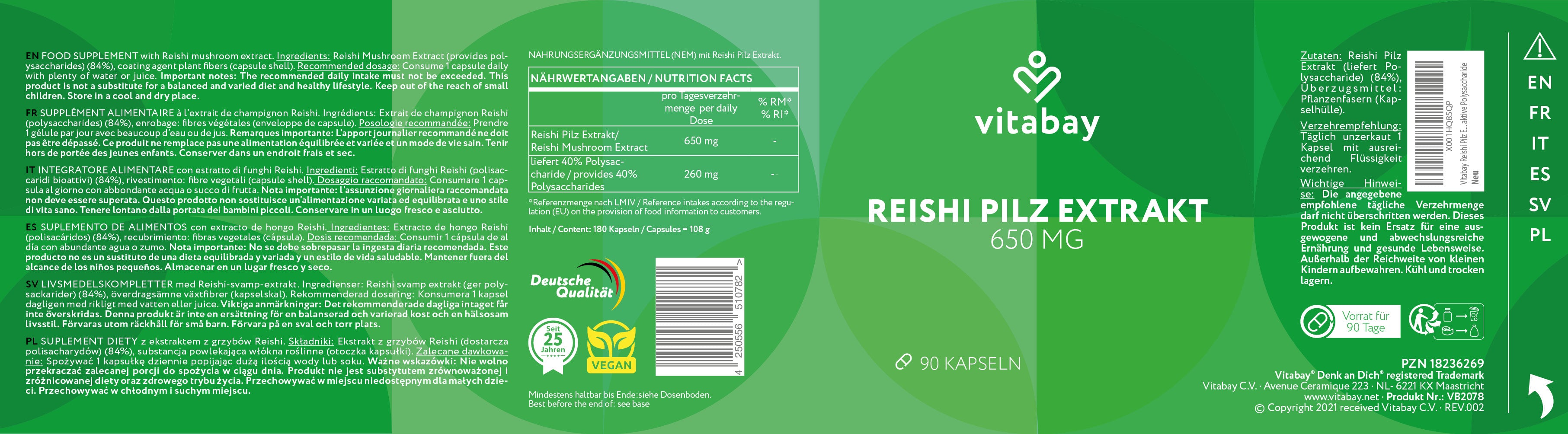 Reishi Pilz Extrakt 650 mg - 180 vegane Kapseln