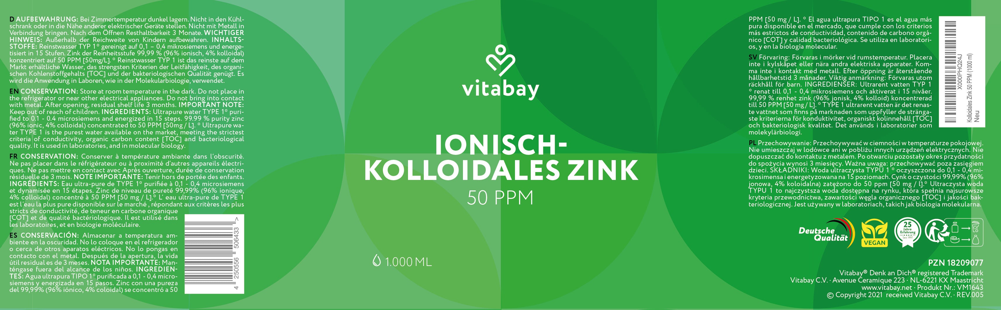 Kolloidales Zink 50 PPM - Reinheitsstufe 99,99%