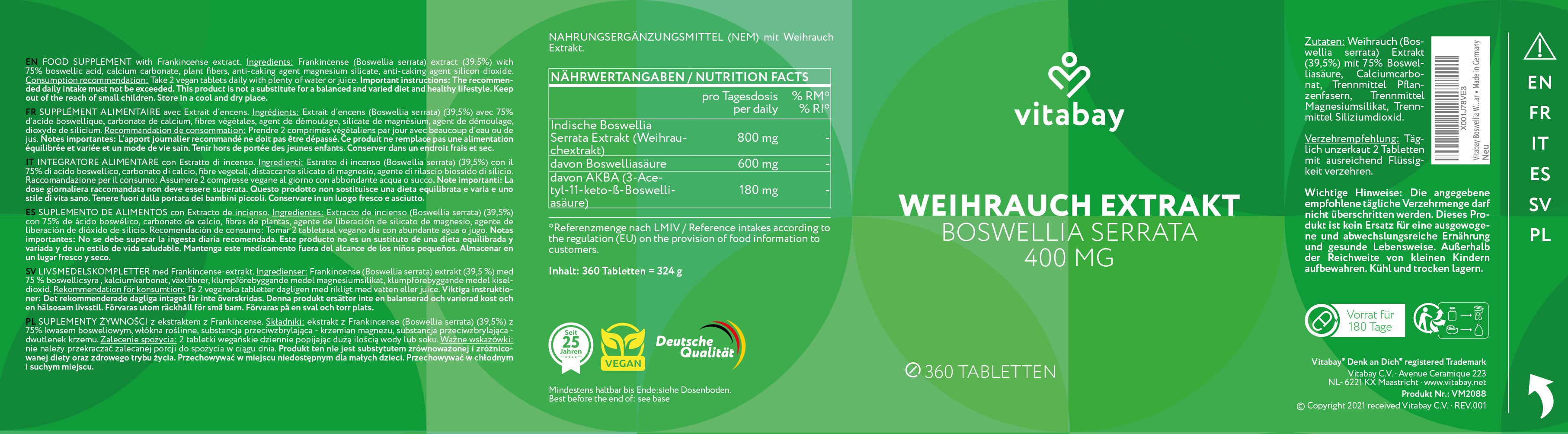 Boswellia Weihrauch Extrakt - 400 mg - Vegane Tabletten